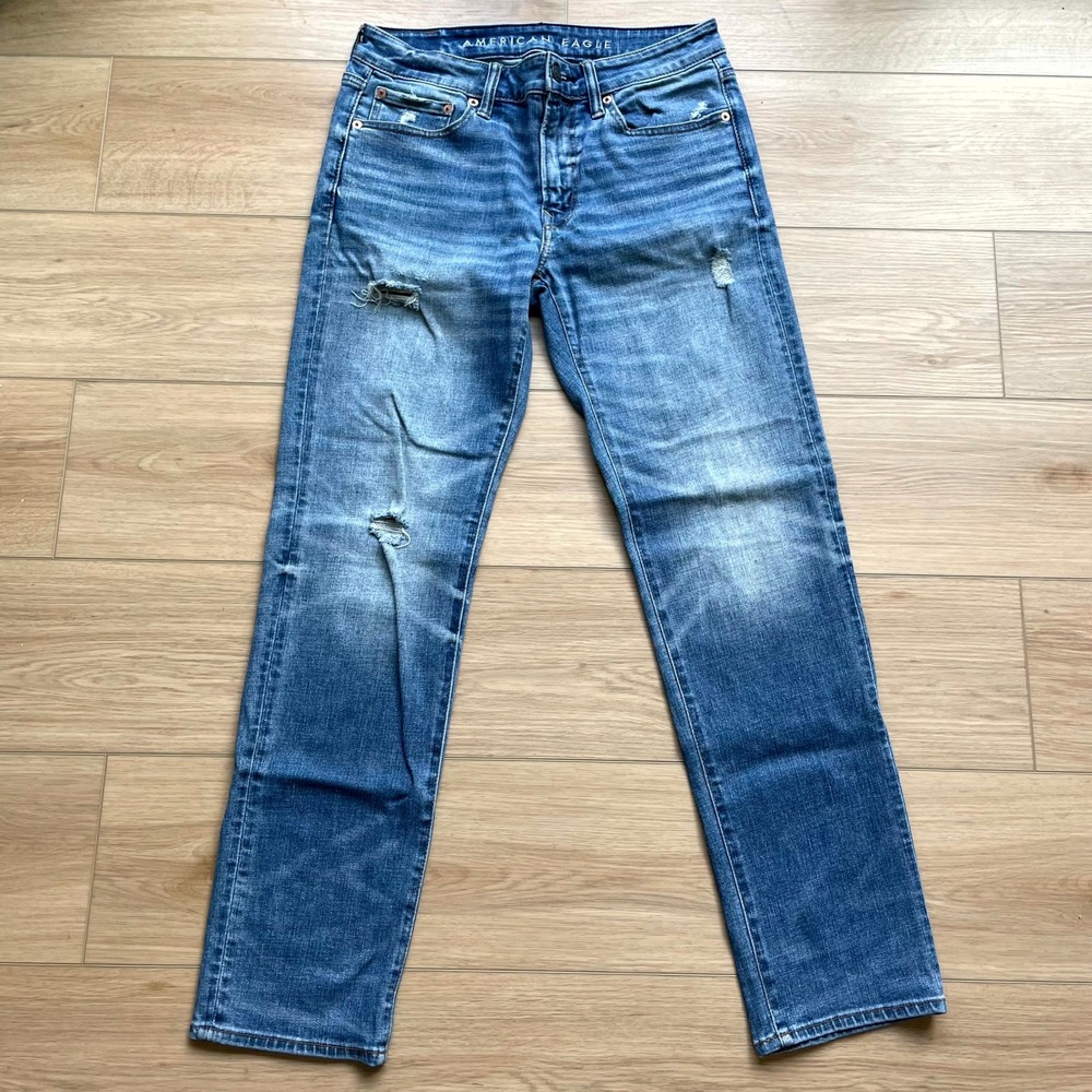 American Eagle Airflex+ Slim Straight Jeans Mens 31x32 Blue Distressed Denim